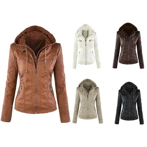 Women's Hooded PU Leather Jacket Slim Fit Faux Leather Moto Biker Coat Short Quilted Zipper Pocket Streetwear Outerwear