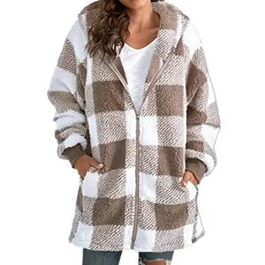 Comfortable plaid hooded fleece jacket for women with zipper and pockets