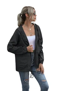 Women's lightweight black hooded windbreaker jacket for outdoor hiking and casual wear