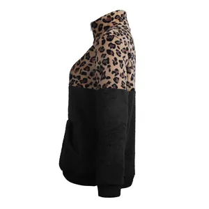 Damen Langarm-Fleece-Sweatshirt mit Leopardenmuster-Spleißen und Reißverschluss.
