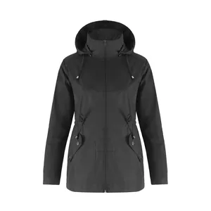 Imperméable noir à capuche pour femme avec taille ajustable et doublure en maille