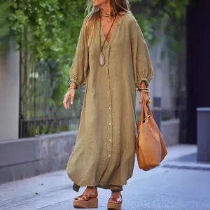 Vestido largo estilo boho de algodón y lino verde oliva con manga larga para mujer