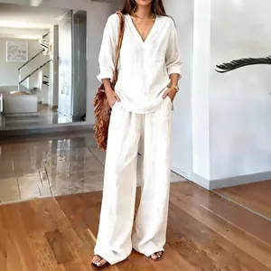Elegant women's casual V-neck long sleeve top and wide-leg pants set in washed cotton