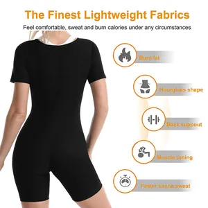 Infografik-Detail der Funktionen des schwarzen Damen-Sauna-Bodysuits mit kurzen Ärmeln