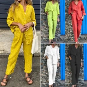 Ensemble Deux Pièces Décontracté en Coton Polyester pour Femmes Chemise à Boutons et Pantalon Large à Taille Haute