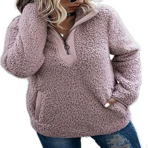 Sweat-shirt douillet en polaire sherpa mauve avec demi-fermeture éclair et poche kangourou