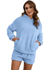 Fuzzy light blue hooded sweatshirt and shorts two-piece plush loungewear set for women