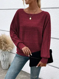 Close-up of a women's casual burgundy textured long-sleeved top with a wide round neck.