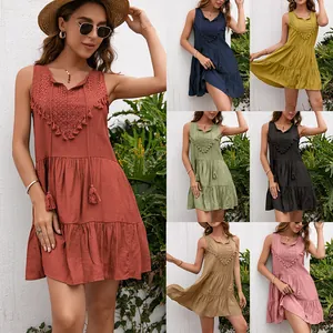 Vestido Sin Mangas con Cuello en V Encaje Ganchillo Borlas para Mujer Bohemio Volantes Escalonados Vacaciones de Verano Poliéster