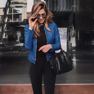 Stylish women's blue PU leather slim fit biker jacket for autumn and winter fashion street style