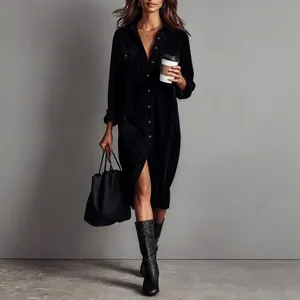 Elegant black corduroy long sleeve shirt dress with lapel collar and loose fit style