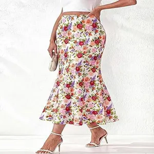Detail view of a bohemian floral print high waist mermaid skirt for summer vacation