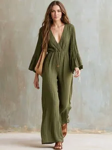 Bohemian olive green long-sleeve V-neck jumpsuit with elastic waist for autumn