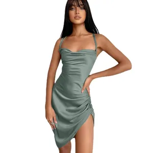 Elegant sage green satin slip dress with a cowl neck and high side slit detail