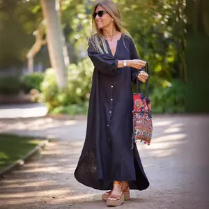 Vestido largo tipo camisa bohemio de algodón y lino de manga larga para mujer negro