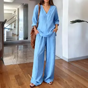 Women's casual V-neck long sleeve washed cotton top and wide leg pants set in blue