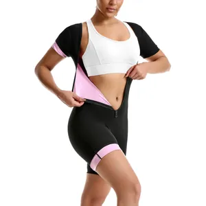 Schwarzer und rosa Sauna-Body für Damen mit kurzen Ärmeln und Frontreißverschluss