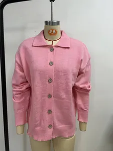 Pink knit cardigan sweater for women lapel single breasted buttons casual daily autumn wear new.