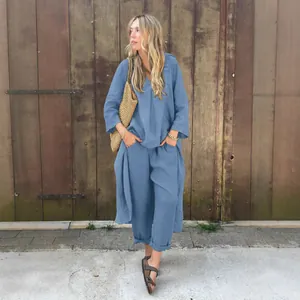 Ensemble 2 pièces élégant en coton et lin avec chemise ample et pantalon large bleu