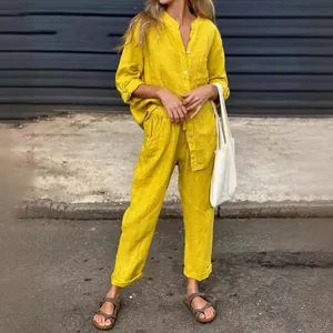 Ensemble 2 pièces femme chemise en lin jaune et pantalon ample à taille haute pour l'été