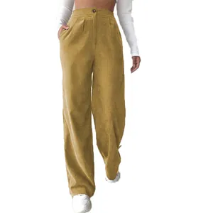 Women's high waist mustard yellow corduroy wide leg trousers for casual autumn wear