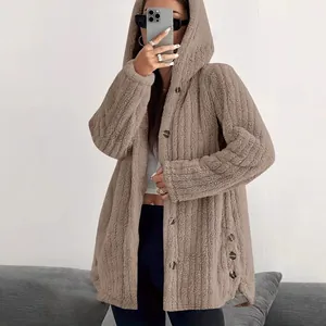 Women's cozy solid color hooded plush jacket for autumn and winter fashion style