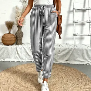 Dames Verticaal Gestreepte Harembroek Zomer Casual Losse Trekkoord Broek Met Zakken Mode Onderstuk Kleding