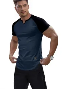 Men's slim fit raglan t-shirt with blue ribbed body, black short sleeves and V-neckline