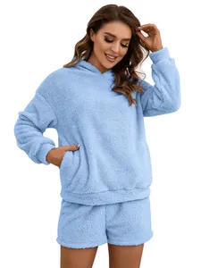 Close-up detail of women's sky blue fuzzy loungewear set featuring a hooded sweatshirt.