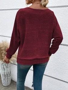 Detailed back view of a burgundy textured knit long-sleeved casual pullover top for women.