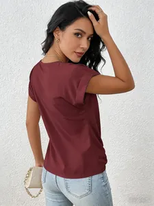 Elegant burgundy V-neck short sleeve T-shirt for women shown in a stylish back view