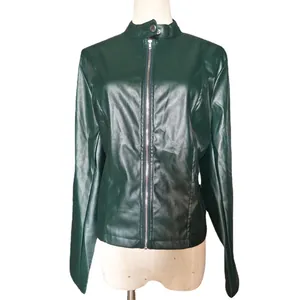 Stylish women's dark green faux leather jacket with stand collar and silver zipper