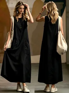 Front and back view of a minimalist black sleeveless maxi dress with side pockets