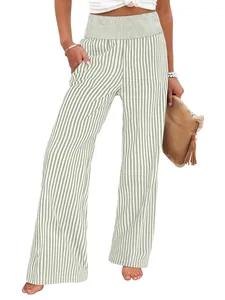 Women's vertical striped high waist smocked trousers with a loose straight-leg fit.