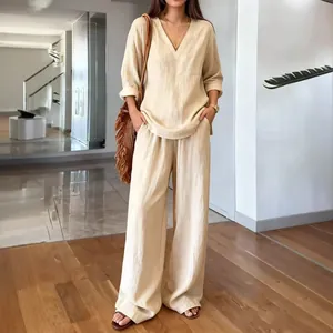 Casual beige V-neck long-sleeve top and wide-leg washed cotton pants two-piece set
