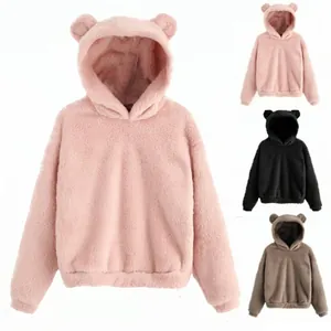 Dames Pluche Konijnenoor Hoodie Losse Warme Winter Fleece Pullover Sweatshirt Effen Kleur Mode Casual Warme Top