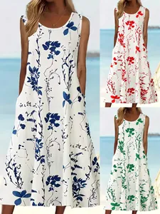 Damen Ärmellos Rundhals Blumenmuster Midi Kleid Sommer Strand Urlaub Locker A-Linie Taschen Sonnenkleid Polyester Kleidung
