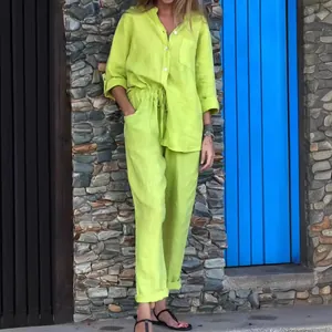 Ensemble 2 pièces en coton et lin vert citron pour femme avec pantalon taille haute et chemise