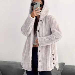 Cozy women's solid color hooded plush jacket in light gray fleece fabric for winter.
