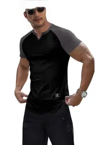 Men's casual slim fit raglan short sleeve t-shirt with V-notch neck in black and grey