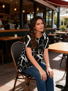 Lifestyle-detail van een vrouw in een plus-size T-shirt met zwart-witte abstracte print.