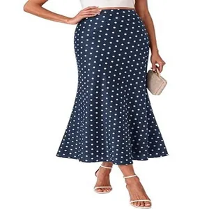 Detailed view of elegant high waist navy blue polka dot mermaid midi skirt for summer