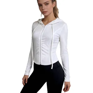 Women's slim fit white ribbed hooded zip-up sports jacket for casual yoga wear