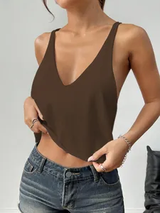Canotta casual da donna in maglia con scollo a V, top estivo marrone senza maniche.