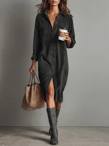 Casual dark grey corduroy long sleeve shirt dress with lapel collar and buttons