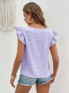 Detailed back view of a lavender textured blouse with elegant ruffle sleeves and square neck