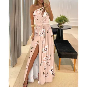 Elegant one-shoulder floral maxi dress featuring a high waist and sexy side slit detail.