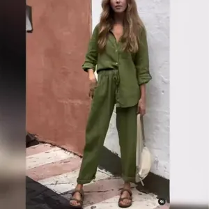 Ensemble décontracté deux pièces en lin vert olive chemise et pantalon taille haute femme
