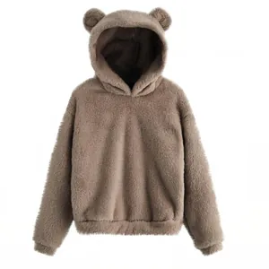 Warme bruine pluizige hoodie met schattige berenoren voor de koude herfst en winter