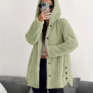 Fashionable women's light green fuzzy hooded jacket with stylish brown buttons.